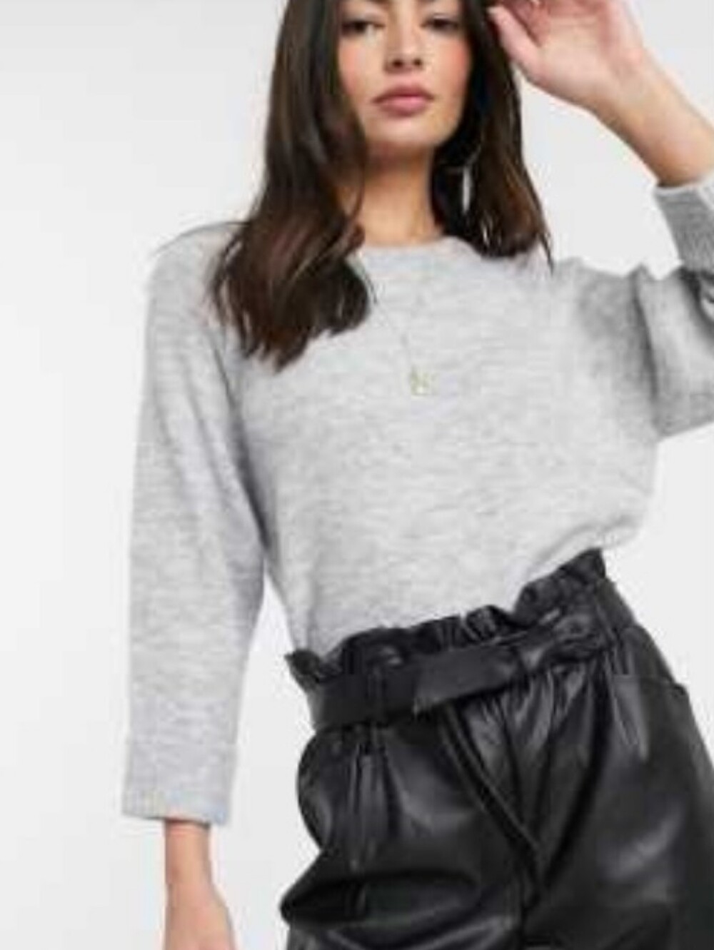Mango Cozy Gray Knit Ribbed Neck Crop-Sleeved Sweater Sz XS